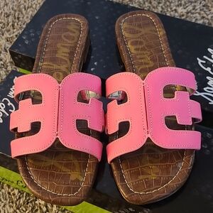 Sam Edelman Bay Neon Pink Leather Slide Sandals Size 6.5 NEW IN BOX